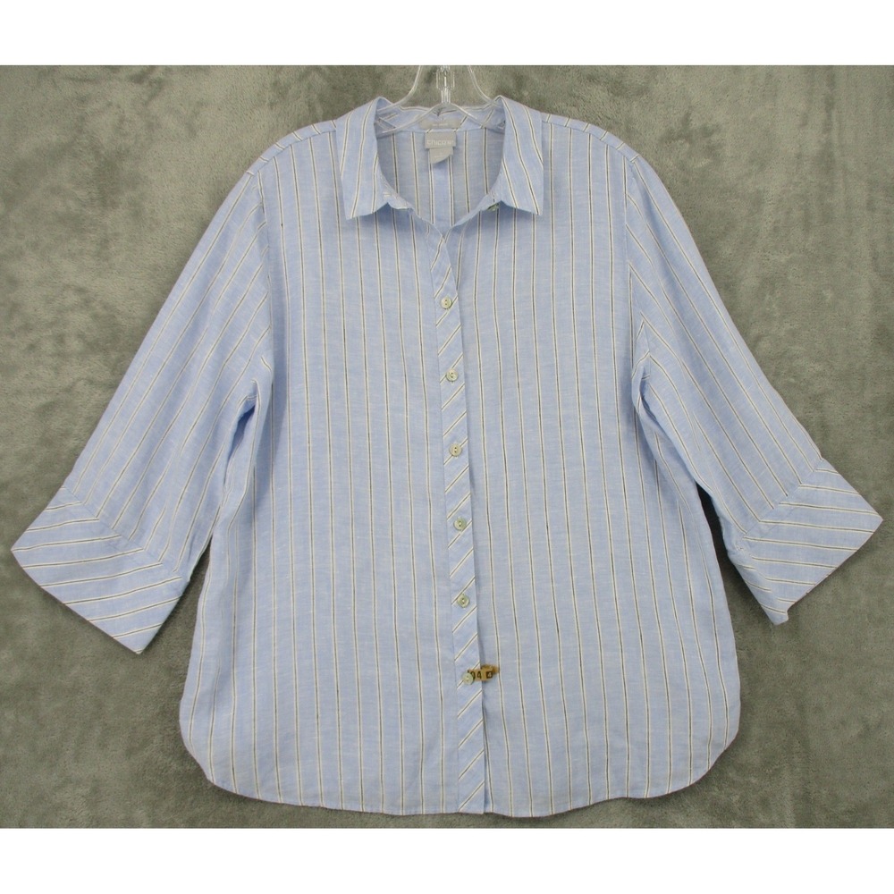 Chicos Blouse 2 Large 12 Linen Blend Striped Button Up Nautical Resort Office